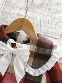 寶貝女孩可愛的彼得潘襯領彩塊格紋長袖連衣裙，配有荷葉邊飾 - 紅白色 - 查看 5