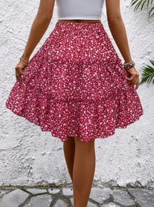 SHEIN LUNE Women's Fresh Ditsy Floral Ruffle Hem Skirt (Random Print) For New Year Clothes
