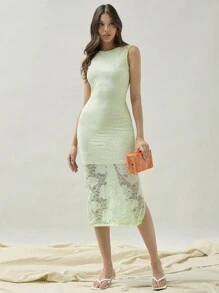 COSMINA Women's Elegant Solid Color Lace Side Slit Bodycon Sleeveless Dress, Summer - Green - View 4