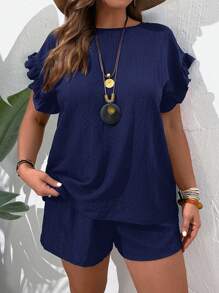 EMERY ROSE Plus Size Women Solid Color Round Neck Top And Shorts Casual Daily 2 Pieces Set - Navy Blue - View 1