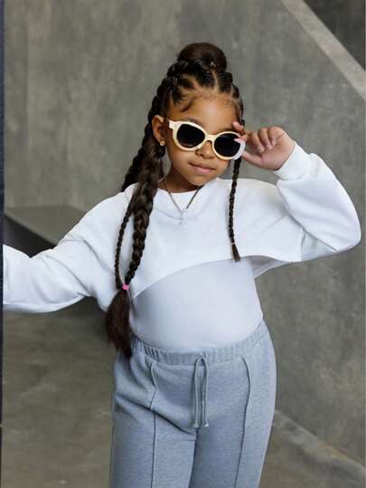 SHEIN Tween Girls Extended Size Street-Style Knitted Solid Color Short Hooded Long Sleeve Sweatshirt