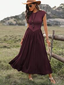 SHEIN LUNE 女士纯色圆领褶皱长裙，休闲与假日风格长款女装 - 紫紅色 - 查看 4