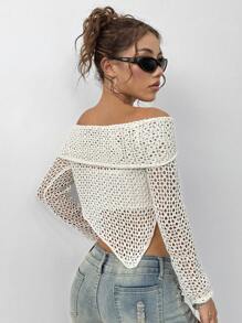 SHEIN Unity 女士纯色简约日常露肩长袖毛衣，针织套头衫，秋冬款 - 米色 - 查看 2