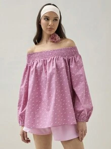 COSMINA Top de hombros descubiertos con manga de lámpara y estampado completo casual para mujer en primavera/verano - Multicolor - Ver 5
