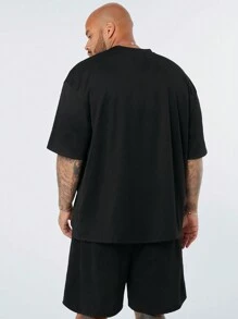 Manfinity VCAY 2pcs/Set Plus Size Men's Casual Logo Printed Loose Drop-Shoulder Round Neck Short Sleeve T-Shirt With Waist Drawstring Straight Shorts Suit, Summer - Black - View 4