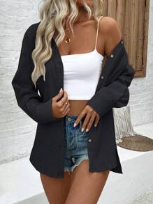 EMERY ROSE Top pour femmes simple à boutonnière avant, à manches longues et à col, convient pour un port quotidien et de loisirs