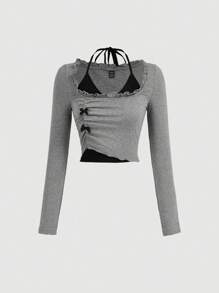 SHEIN MOD Women's Grey 2 In 1 T-Shirt, Bow Knot Top, Knitted Autumn Top,Black Top,Fall Tops,Long Sleeve Top,Back To School Clothes