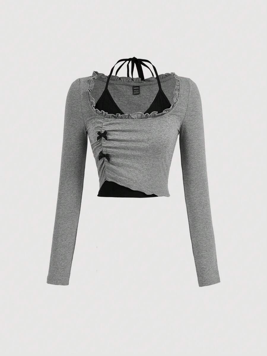 SHEIN MOD Women's Grey 2 In 1 T-Shirt, Bow Knot Top, Knitted Autumn Top,Black Top,Fall Tops,Long Sleeve Top,Back To School Clothes