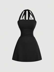SHEIN MOD Plus Size Grey V-Neck Pleated Waist A-Line Mini Dress,Graduation Dress,Birthday Dresses For Women