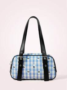 SHEIN MOD 女士時尚休閒肩袋，花卉圖案和格紋設計，適合日常通勤 - 藍色 - 查看 1