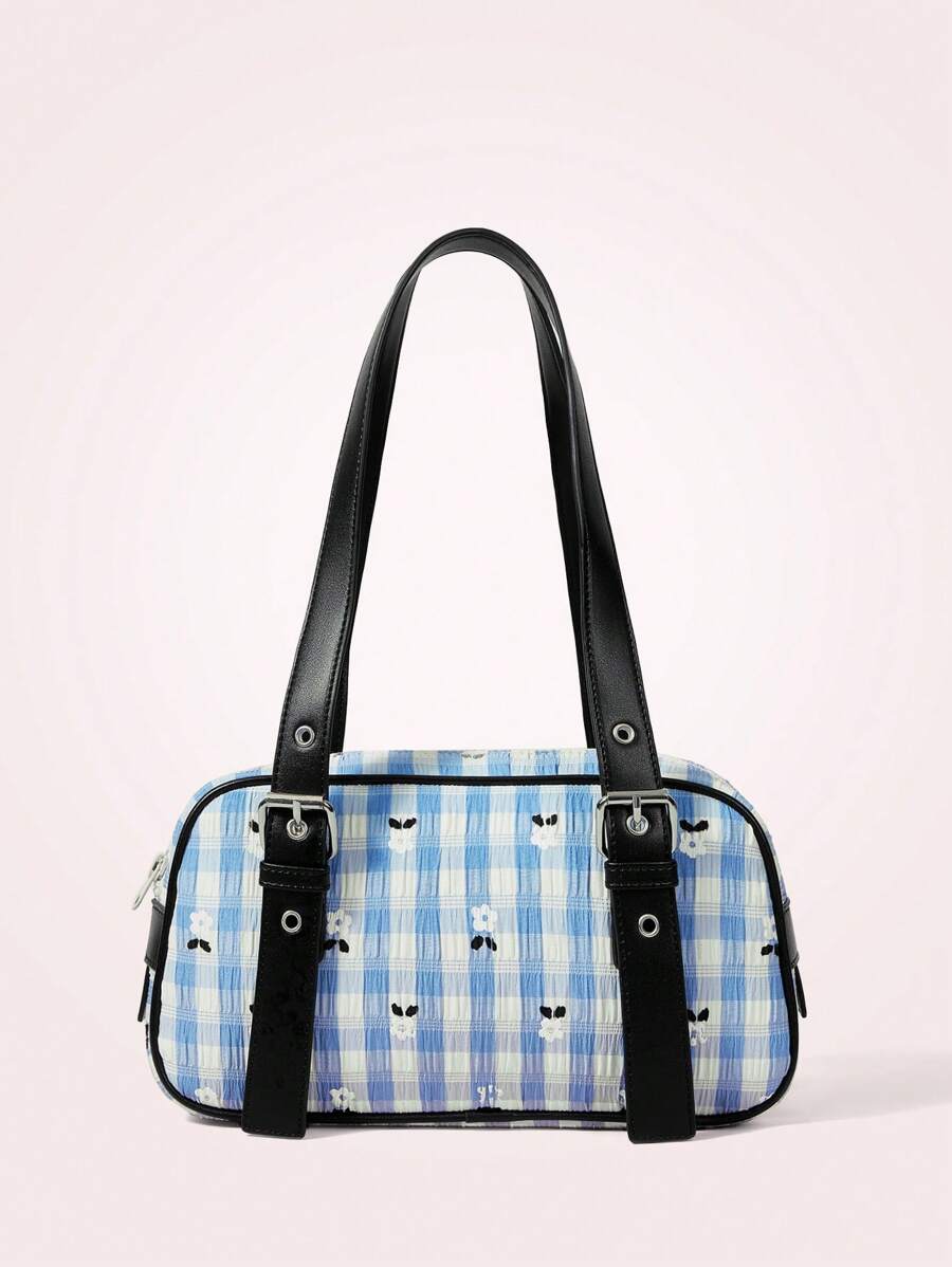 SHEIN MOD 女士時尚休閒肩袋，花卉圖案和格紋設計，適合日常通勤 - 藍色 - 查看 1