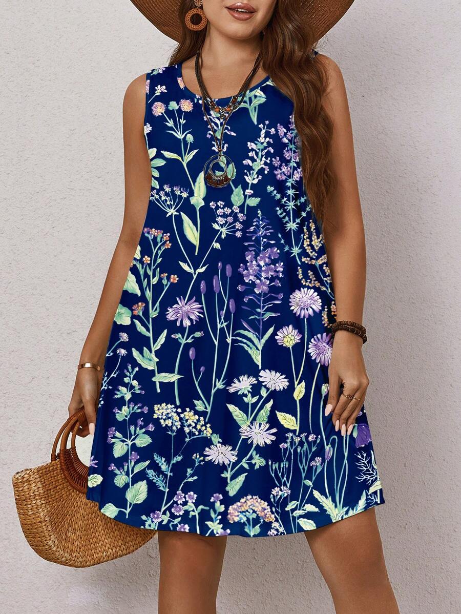 EMERY ROSE Plus Size Women's Casual Simple Round Neck Sleeveless Dress Suitable For Summer,Beach Dress Sundress,Holiday Outfits Boho,Spring/Vacation - Royal Blue - View 1