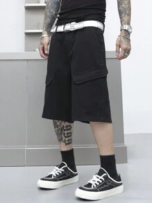 Manfinity EMRG Pantalones cortos de mezclilla para trabajar de unicolor y estilo casual para hombre de verano - Negro - Ver 6