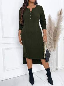 Calvaya Váy midi xẻ tà đan gân cỡ lớn - xanh quân đội - Xem 5