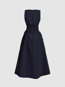 SHEIN MOD Navy Date Night Side Cross Tie Solid Pleated Long Dress,Brunch,Birthday,Back To School,Work,Summer Dresses For Women,Tea Party Dress