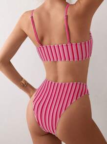 SHEIN Swim 女士夏季海滩撞色条纹比基尼套装 - 彩色 - 查看 2