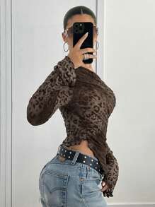 SHEIN ICON 猎豹印花女式秋季服装不对称领豹纹网眼时尚 T 恤，春夏 - 棕色 - 查看 7