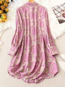 Plus Size Printed Turn-Down Collar Long Sleeve Casual Spring/Summer Vacation Matching Dress Fall Cloth For Women - Pink - View 2
