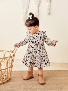 SHEIN LMoss Kids LMoss 女婴时尚可爱女婴波尔卡圆点荷叶边袖长裙，非常适合秋冬季休闲日常穿着和上学日常穿着、圣诞节、女童冬装 - 彩色 - 查看 2