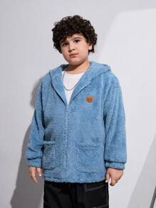 SHEIN Tween男孩加大碼休閒連帽泰迪熊圖案豆豆外套，秋冬季