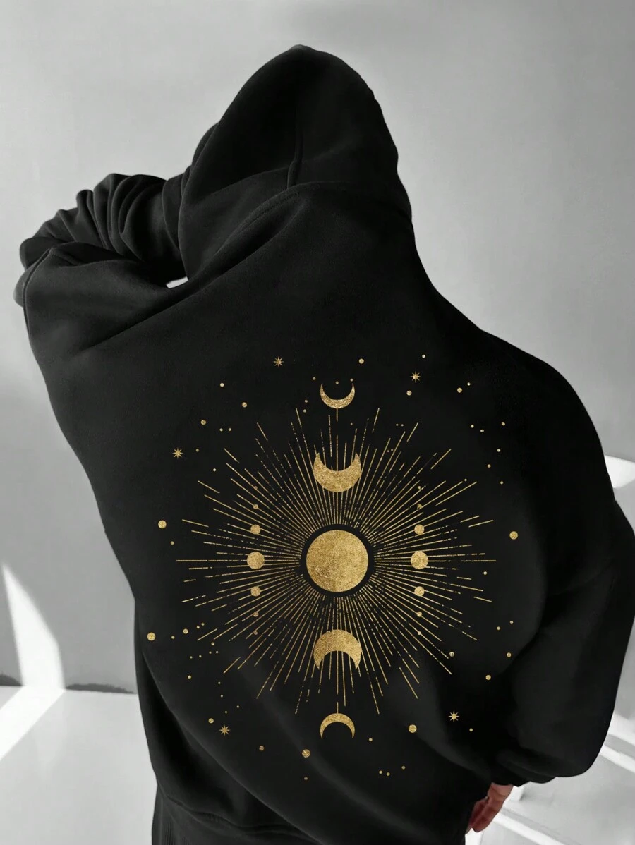 Manfinity Dauomo Men's Long Sleeve Hooded Sweatshirt With Moon Print And Drawstring, Daily Casual Wear - Black - View 1