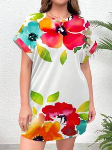 EMERY ROSE 大码女式休闲简约全花卉印花短袖圆领夏季连衣裙 - 白色 - 查看 3