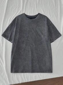 Comfortcana Plus Size Acid Washed Look Vintage Knitted Distressed Loose Fit Short Sleeve T-Shirt - Navy Blue - View 4