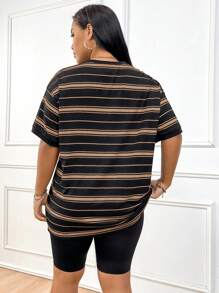 Solflare Plus Size Nữ Mùa Hè Và Đầu Thu Trở Lại Trường Học Mùa Thể Thao Ngoài Trời Trong Nhà Bình Thường Hàng Ngày Đàn Hồi Dệt Kim Sọc Đen Trắng Thiết Kế Khối Màu Cổ Tròn Rớt Vai Tay Ngắn Áo Thể Thao Dài Tay Dài Tay - Màu Khaki - Xem 2