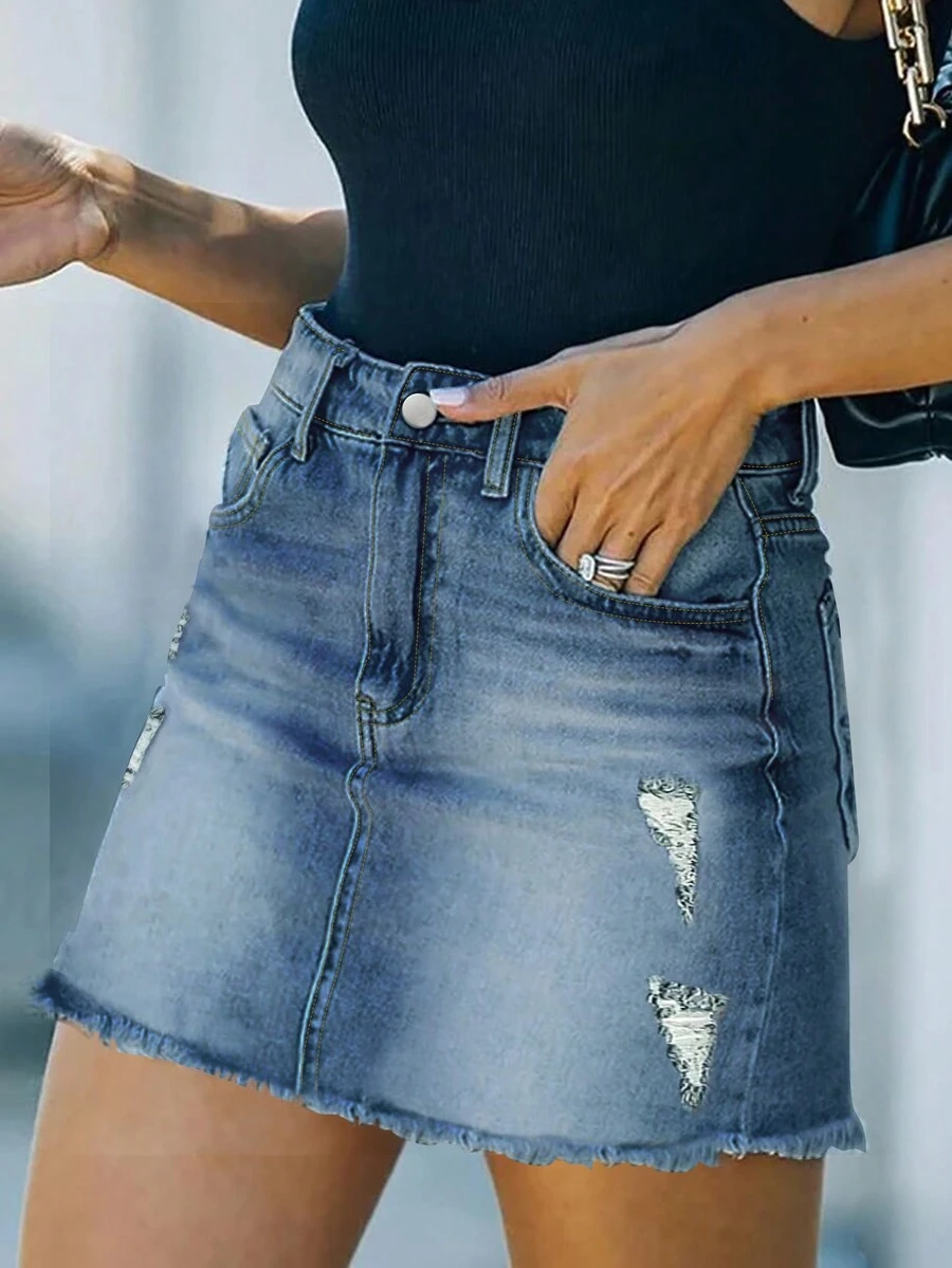 Falda de mezclilla rasgada con dobladillo sin rematar, uso diario de verano - Azul lavado medio - Ver 1
