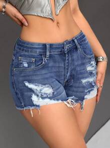 SHEIN PETITE Women's Denim Shorts With Distressed Detailing And Raw Hem Low Rise Shorts - Dark Wash - View 4