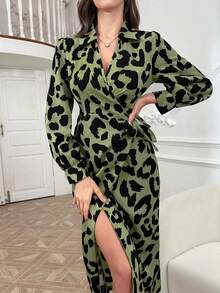 Modelyn Ladies' Leopard Print Simple Long Sleeve Daily Dress - Green - View 4
