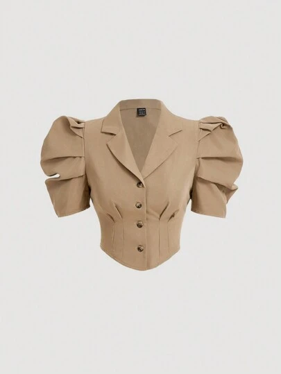 SHEIN MOD Women's Casual Solid Color Leg Of Mutton Sleeve Tight Waist Shirt,Western,Vintage,Back To School