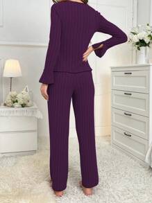 Conjunto de pijama casual de mujer con decoración de moño, ropa de otoño e invierno cómoda y elegante - Morado - Ver 2