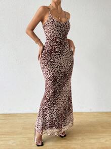 Chiquease Women's Leopard Print Simple Daily Wear Spaghetti Strap Dress - Brown - View 5