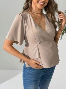 SHEIN 孕婦v領假扣短袖純色休閒襯衫 - 卡其色 - 查看 3
