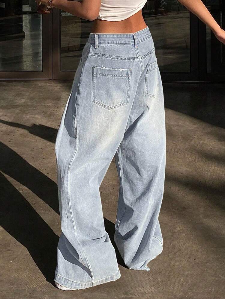 Women's Western-Style Distressed Vintage Wide Leg Jeans,Baggy Jeans
