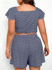 SHEIN LUNE Plus Size Kỳ Nghỉ Thường Ngày Ngắn Tay In Hoa Áo Crop Top Và Quần Short - Màu xanh hải quân - Xem 2