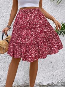 SHEIN LUNE Women's Fresh Ditsy Floral Ruffle Hem Skirt (Random Print) For New Year Clothes
