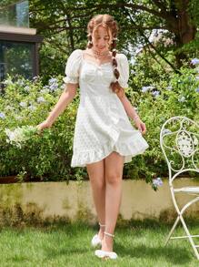 SHEIN Vestido corto de verano blanco con mangas abullonadas y lindos detalles de encaje para adolescente - Blanco - Ver 9