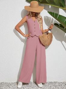 SHEIN Frenchy Women's Solid Color Simple Daily Wear Sleeveless Top And Long Pants Vacation 2pcs Set
