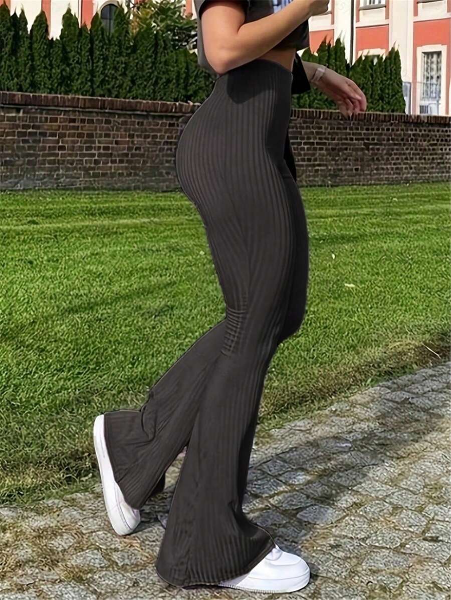 Fashion Me Solid Color Slim Fit Flared Casual Pants, Polyester Fabric With Ribbed Ribbed Pattern, Elastic Waist, Suitable For Sports, Casual Wear, All Seasons, Carnival Black Spring - Black - View 1