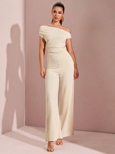 SHEIN BAE Mono de pierna ancha con hombro asimétrico y fruncido para mujer, atuendo para salida a la playa, vacaciones de verano, fiesta en la piscina o cita
