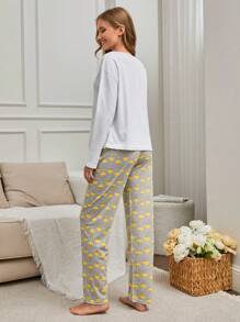 RueChic 2Pcs Cotton Ice Cream Printed White Top & Pants PJ Set - White - View 2