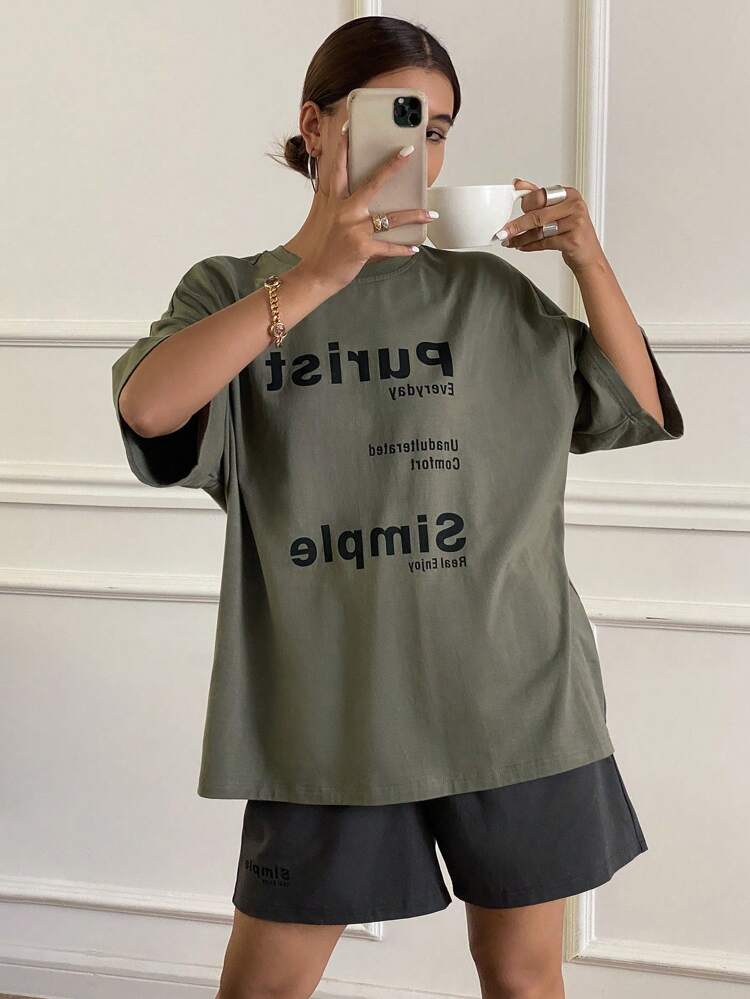 Loose Short Sleeve T-Shirt And Shorts Set With Letter Print, Simple Homewear Pajama