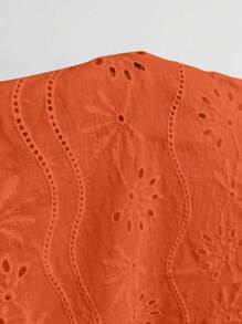 Camisa de manga abullonada bordada con huecos en unicolor e ideal para vacaciones y tiempo libre - Naranja - Ver 6