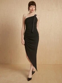 MONSE Mathilde Lhomme 设计师不对称褶皱连衣裙配肩带腰带，夏季优雅连衣裙，假期，节日