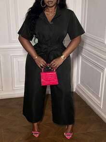 Slaydiva Mono liso con cinturón, media abertura delantera, para mujer, de largo, para fiesta y uso casual elegante - Negro - Ver 4