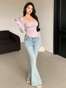 DAZY 女士純色縫肩圓環長袖T卹，日常穿著 - 紫色 - 查看 7