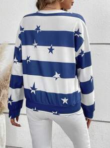SHEIN Unity Spring And Autumn Casual Color-Block Striped Sweatshirt With Star Print Pullover Fall Sweatshirt - Blue - View 2