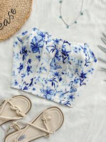 Soleia 假期女性休閒藍白色花卉印花無肩帶上衣 - 藍白色 - 查看 5